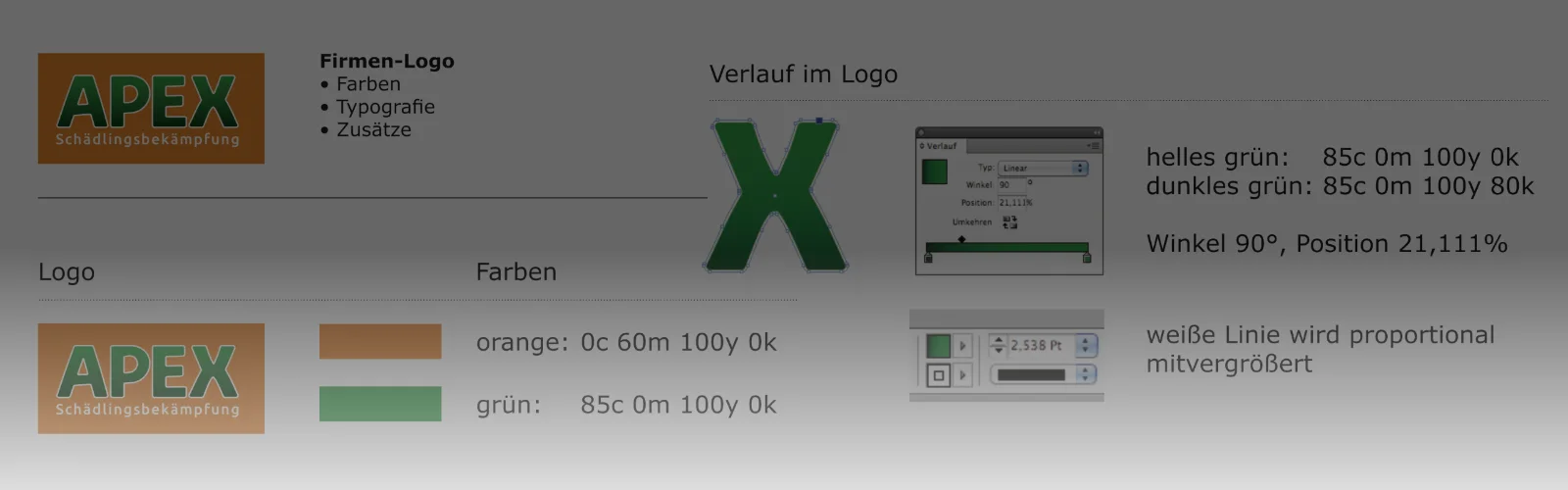 Eine deutschsprachige Designspezifikation zeigt Farbcodes und Logoplatzierungsdetails für das APEX-Logo.