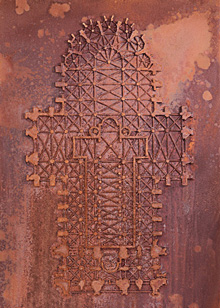 3D OxidArt Bild – mixed Media Bild von dem Grundriss des Kölner Doms auf Leinwand, überzogen mit OxidArt Mischung um eine rostige Anmutung zu erzielen