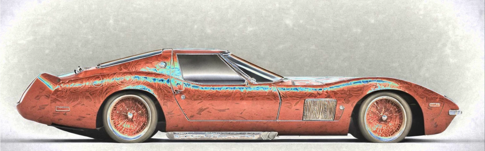 Eine Nahaufnahme von einem roten Sportwagen mit einem blaugrünen Streifen