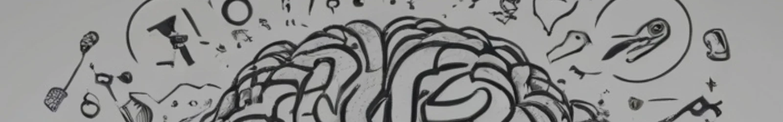 Schwarzweiße grafische Darstellung mit groben Strichen, die die Windungen eines menschlichen Gehirns mit unzähligen kleinen Illustrationen drumherum, symbolhaft für Kreatives Denken. | konzeptdesignkunst Schwarzweiße grafische Darstellung mit groben Strichen, die die Windungen eines menschlichen Gehirns mit unzähligen kleinen Illustrationen drumherum, symbolhaft für Kreatives Denken. | konzeptdesignkunst