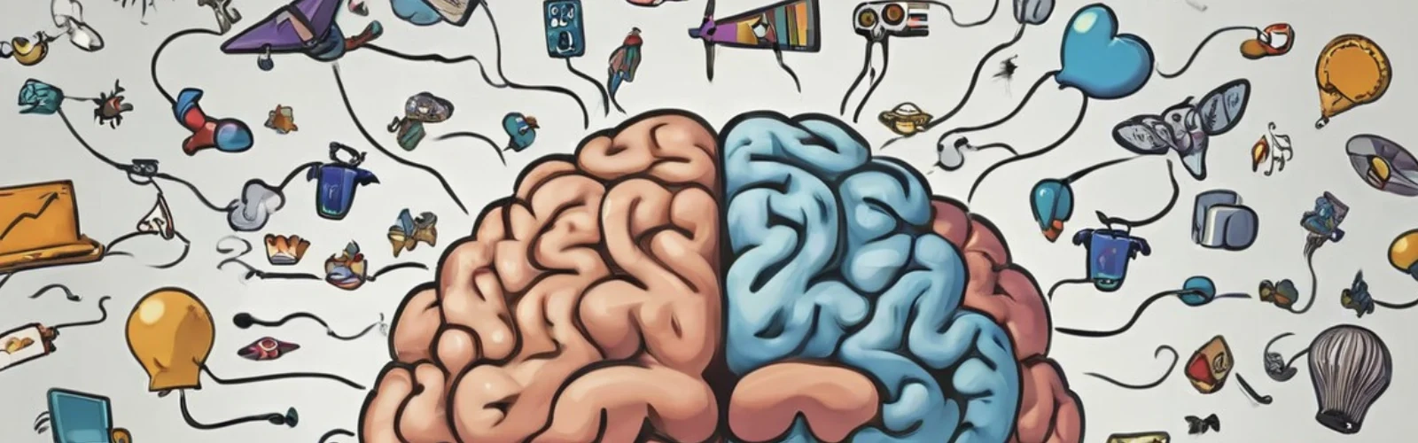 Grafische Darstellung der Windungen eines menschlichen Gehirns mit unzähligen kleinen Illustrationen drumherum, die symbolhaft für das Kreative Denken stehen. | konzeptdesignkunst Grafische Darstellung der Windungen eines menschlichen Gehirns mit unzähligen kleinen Illustrationen drumherum, die symbolhaft für das Kreative Denken stehen. | konzeptdesignkunst