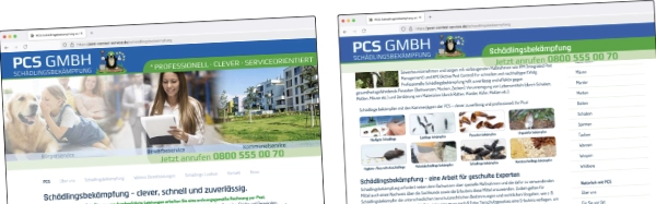 Bild mit Ausschnitten der Internetseite PCS-Schädlingsbekämpfung.de, die von Wolfram Schäfers konzeptioniert und gestaltet wurde. | konzeptdesignkunst